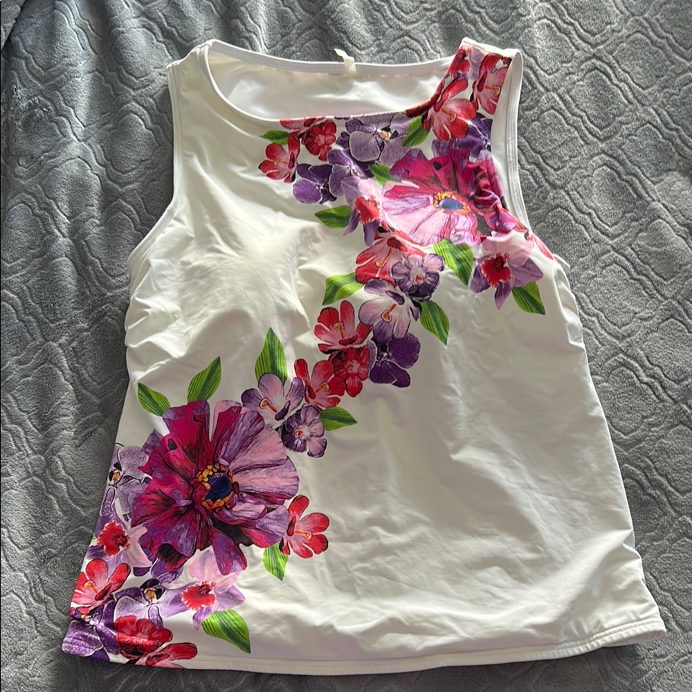 Lands' End Floral Swim Tank Top - White with Pink and Purple